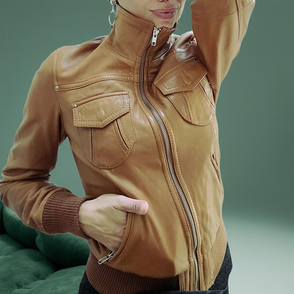 carrie hoxton Jackets & Blazers - Women's Genuine Leather English Boutique English Tan Bomber Jacket